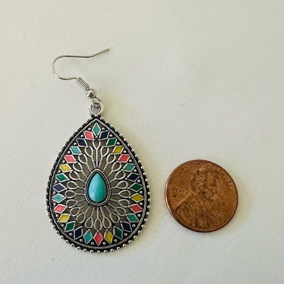 Waterdrop Teal Southwestern Tribal Boho Dangle Style Earrings, NWT - Picture 2 of 5